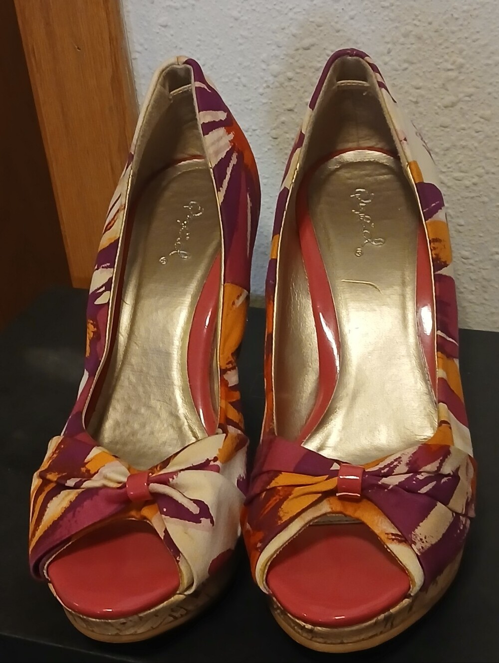 Qupid Floral Cork Wedge Peep Toe Pumps Size 7